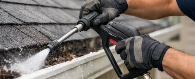 Gloved hands pressure washing a shingle roof and gutter full of debris, illustrating pressure washing in Wilmington NC.