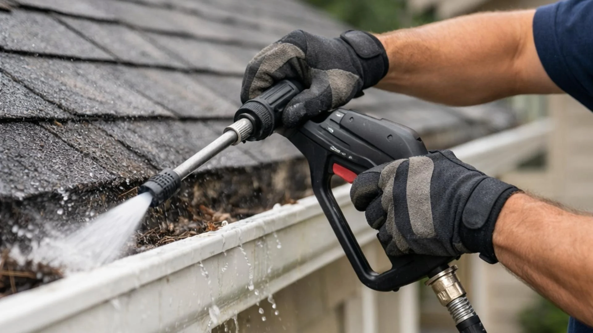 Gloved hands pressure washing a shingle roof and gutter full of debris, illustrating pressure washing in Wilmington NC.