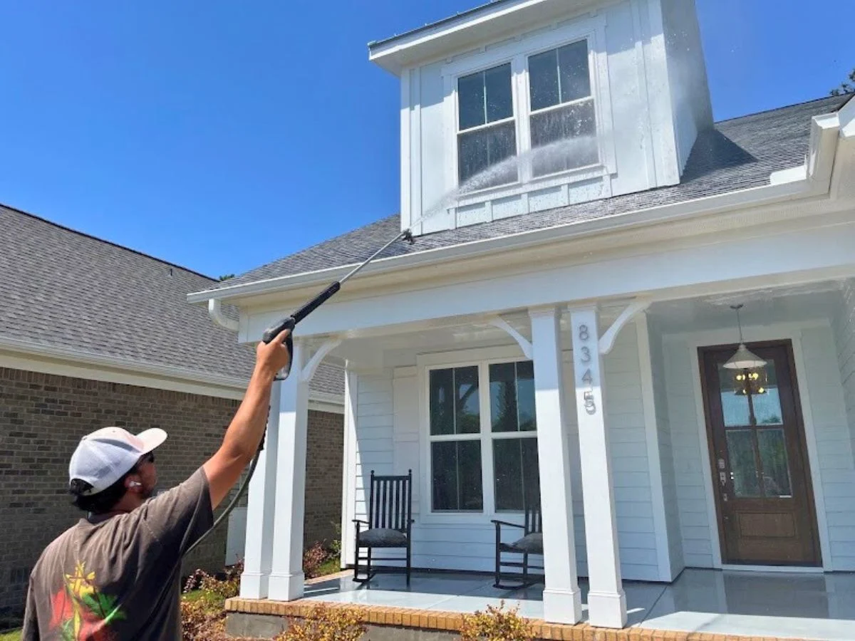 Worker pressure washing a two-story white house in Wilmington, NC, focusing on upper exterior walls beneath a clear blue sky.