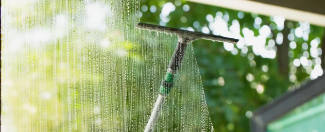 Squeegee clearing water streaks from a window with trees blurred outside, showcasing pressure washing Wilmington NC.